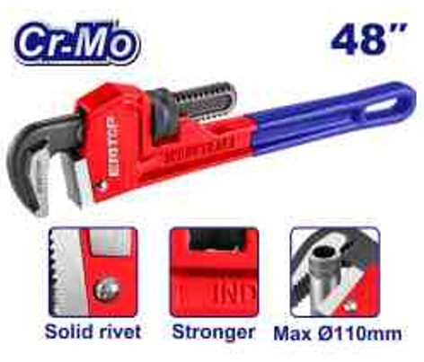 Professional 48" Pipe Wrench 1200mm Max 110mm Clamping - Cr-Mo Mobile Jaw Ductile Cast Iron Black Finish Polish Solid Rivet Hand Tool